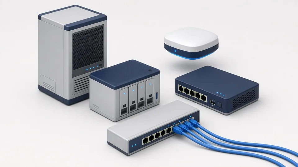 插圖：NAS、伺服器、網絡交換器及 Wi-Fi 接入點等辦公室 IT 設備