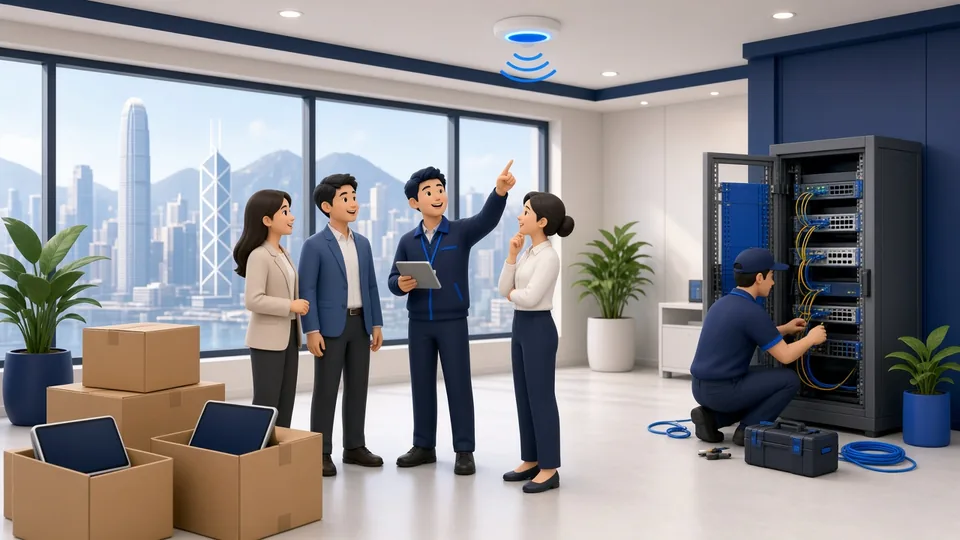 插圖：新辦公室開業，工程師安裝網絡機櫃及 Wi-Fi，同事與客戶視察場地
