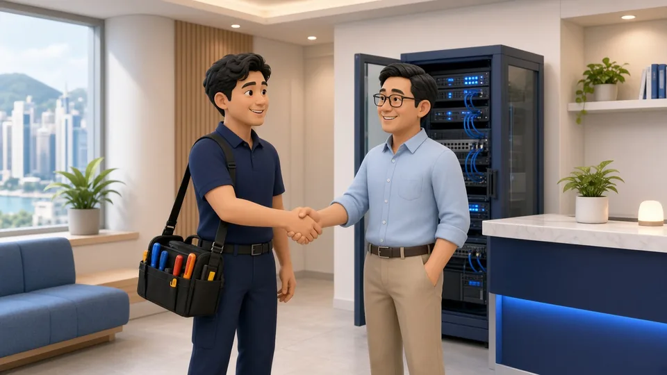 插圖：工程師帶同工具到客戶辦公室上門服務，與客戶握手